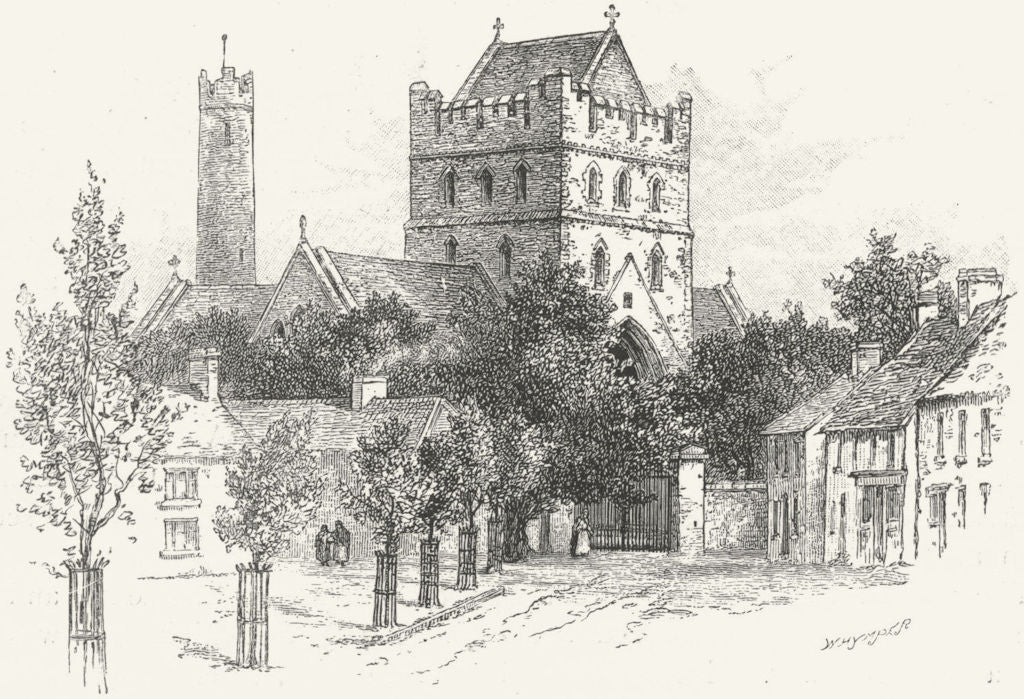 KILDARE. St Brigid's Church & round tower 1888 old antique print picture